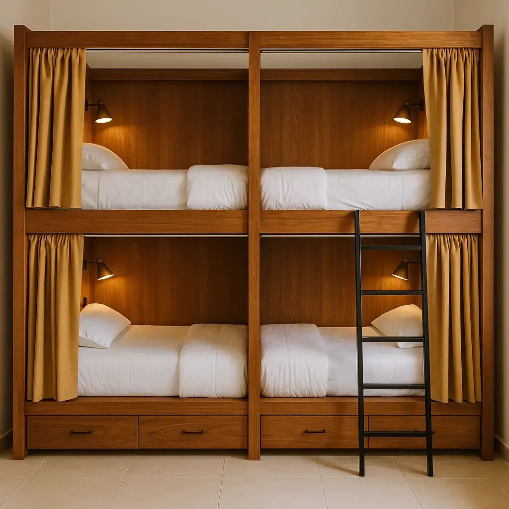 Bunk Beds with golden curtains for four people and a ladder next to it.