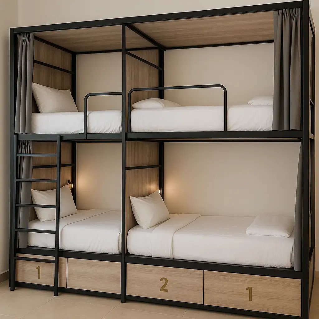Modern style Bunk bed with brown curtains