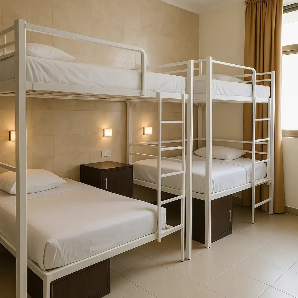 Two white bunk beds next to a window