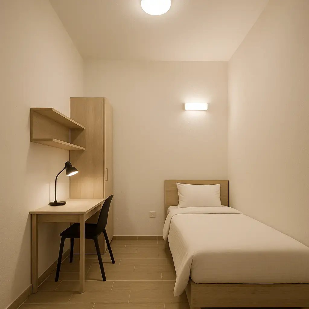 A single room with a table and a chair beside it.