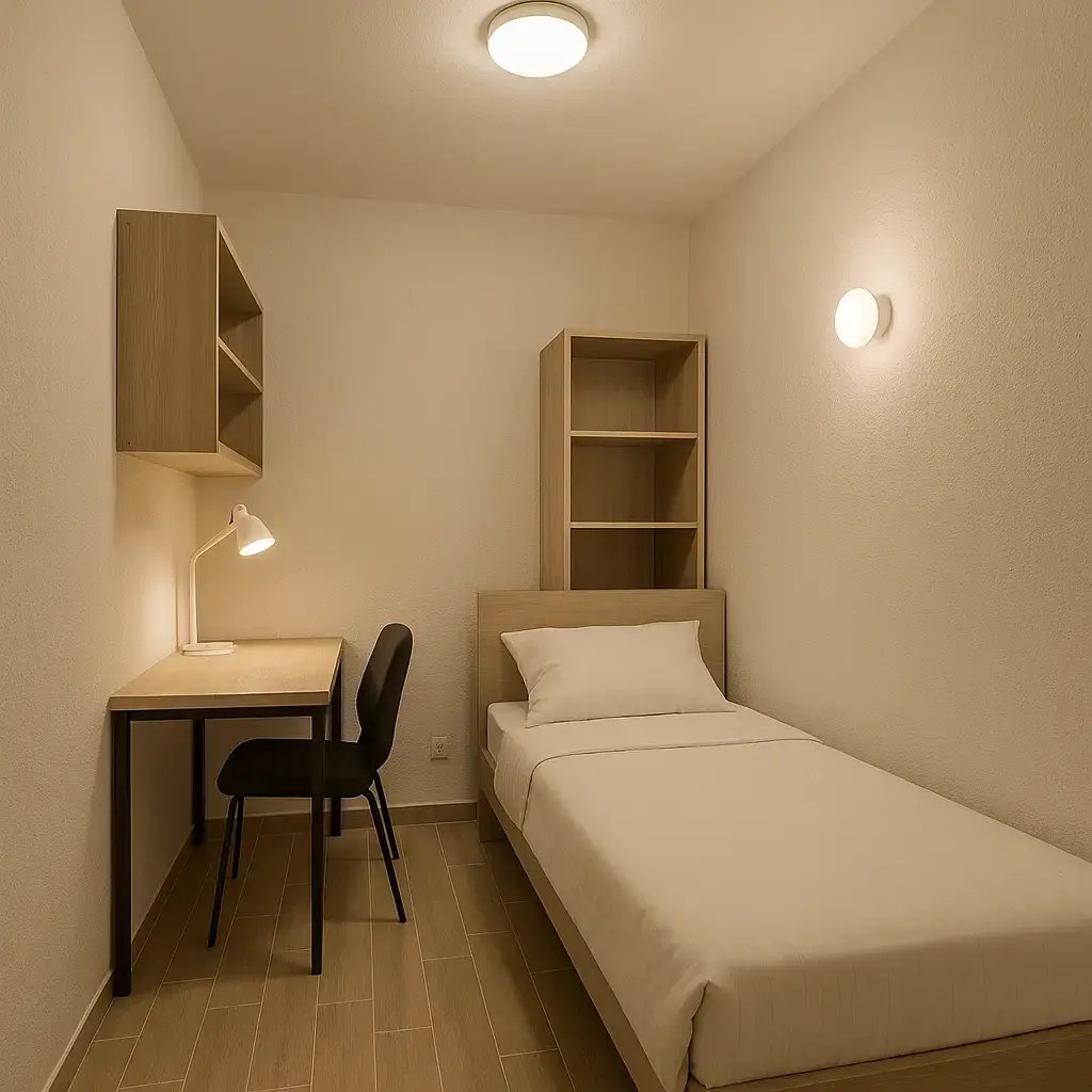 Cozy Urban Single Room with a table and chair next to it.