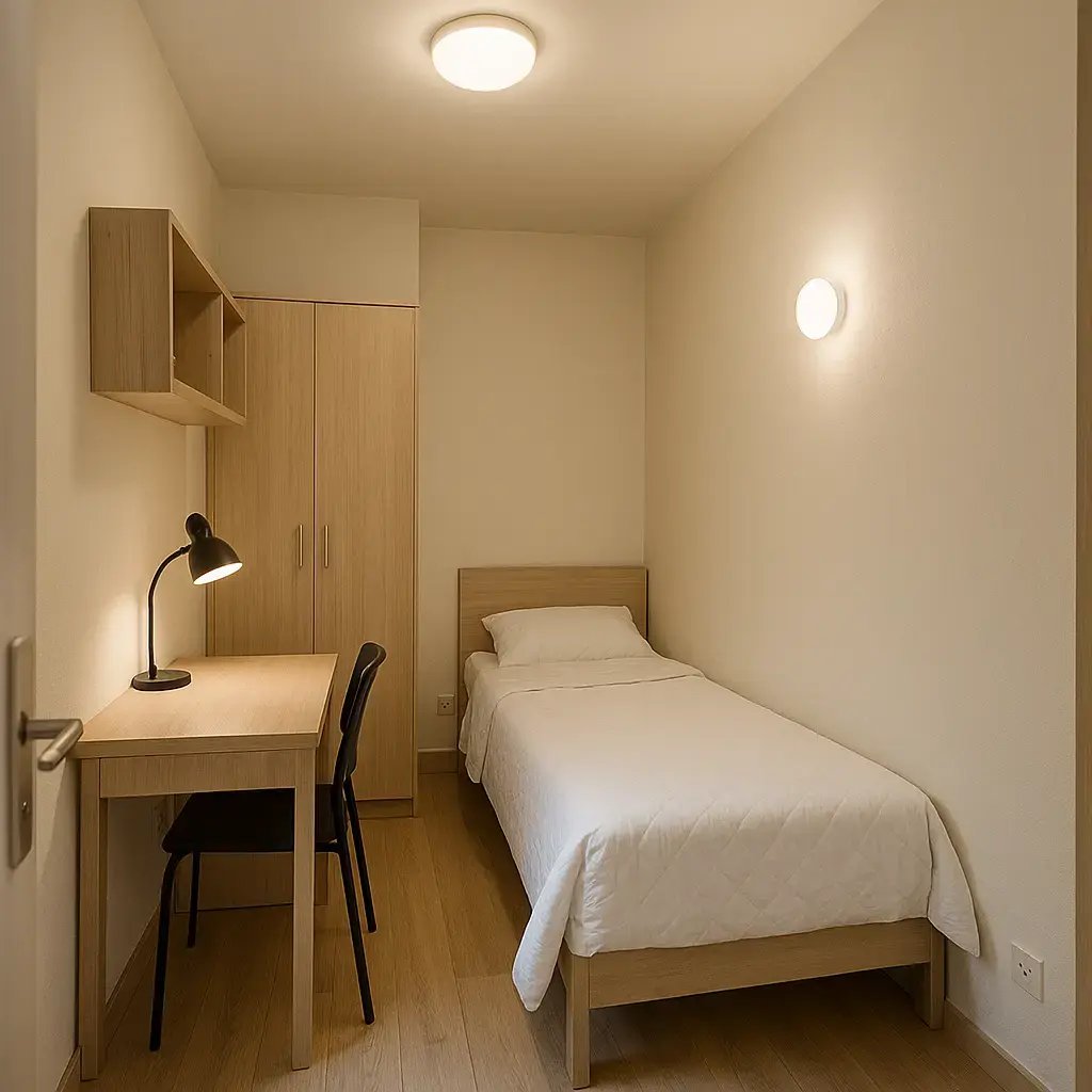 Urban single room with warm yellowish light.