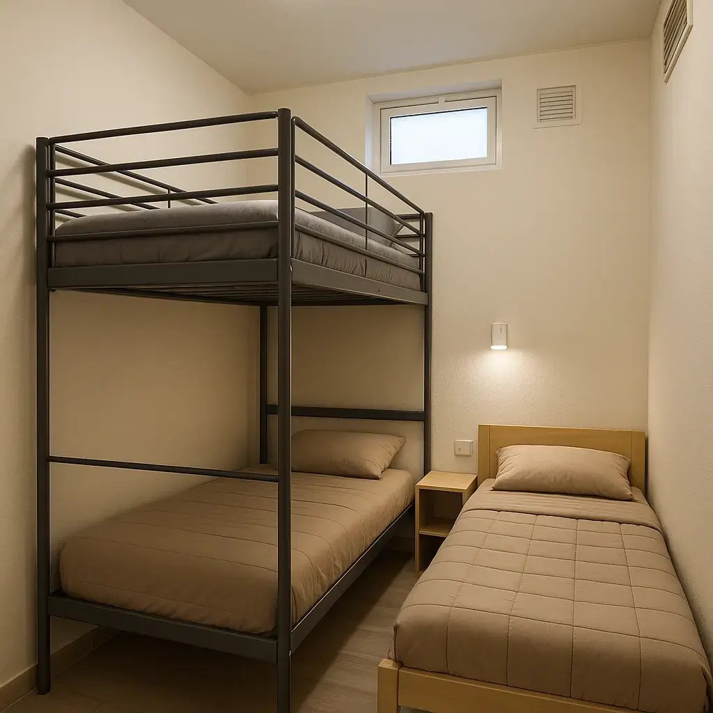 Compact loft-type room in Dubai with one bunk bed and one single bed.