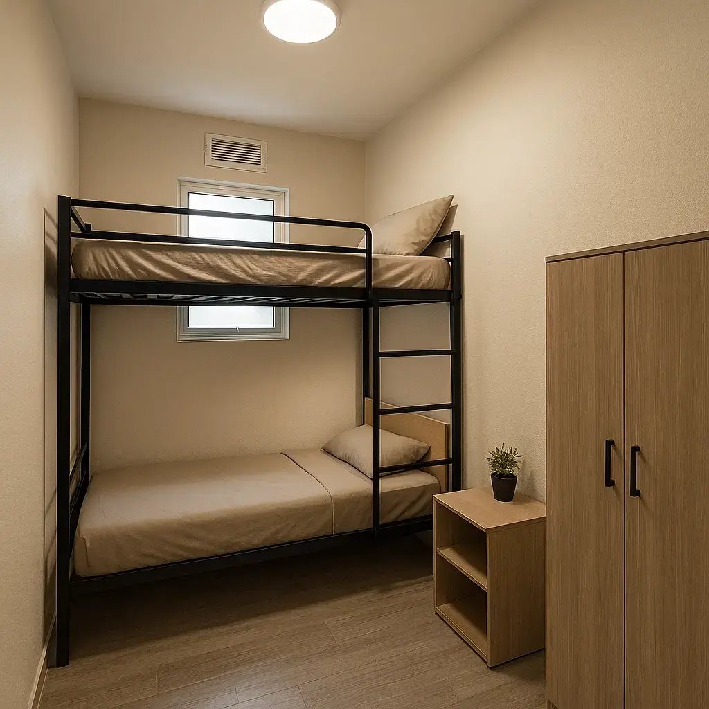A simple bunk bed in a small partition room.