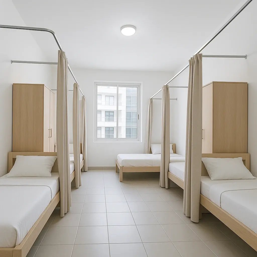 A room in Dubai Silicon Oasis with six single beds. 