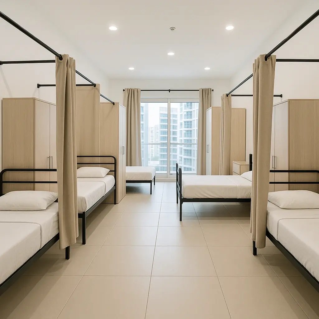 Silicon Oasis Shared Room that thave big windows with five single beds in it.
