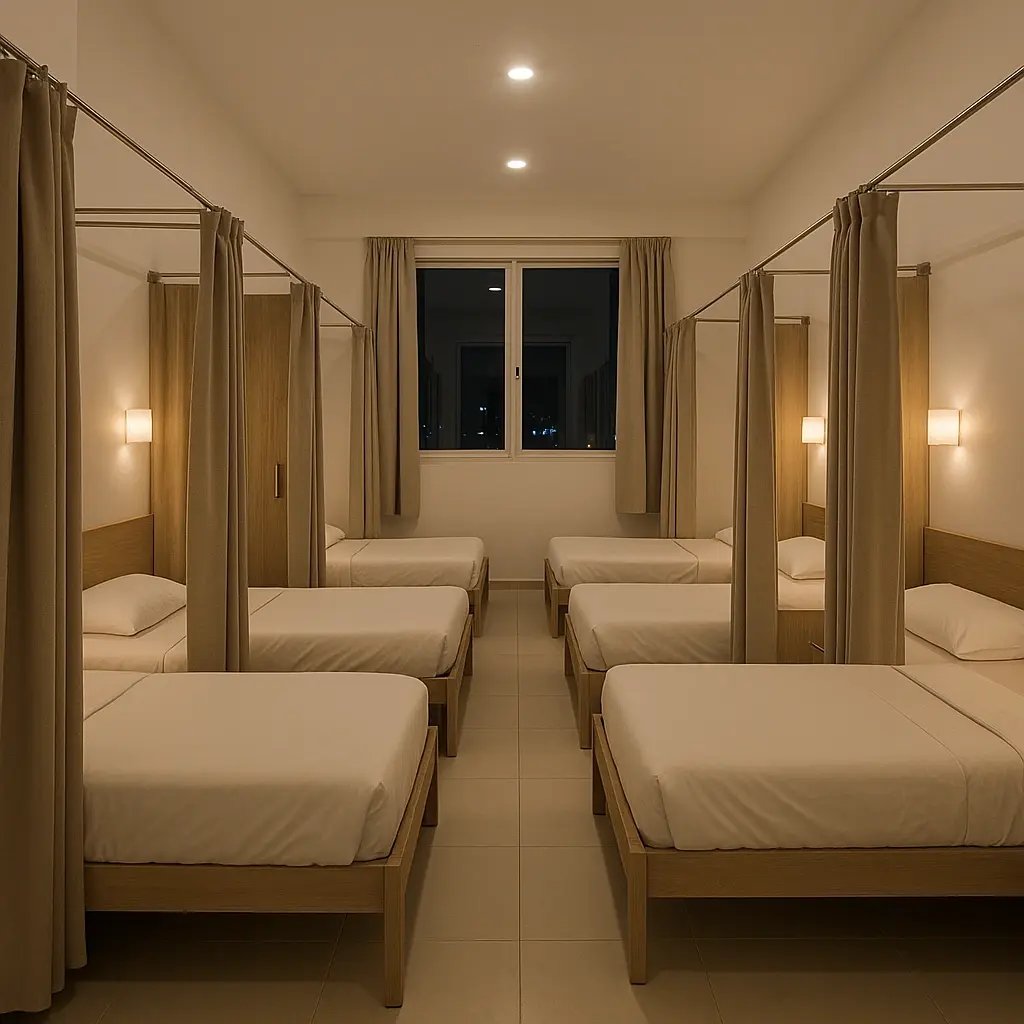 Night view of sharing bed space in Dubai Silicon Oasis with six single beds.