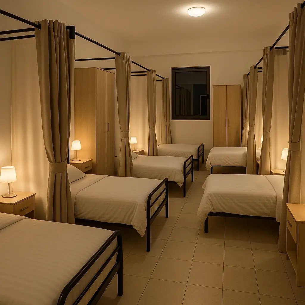 Night view of shared bedspace in Silicon Oasis with six single bed.