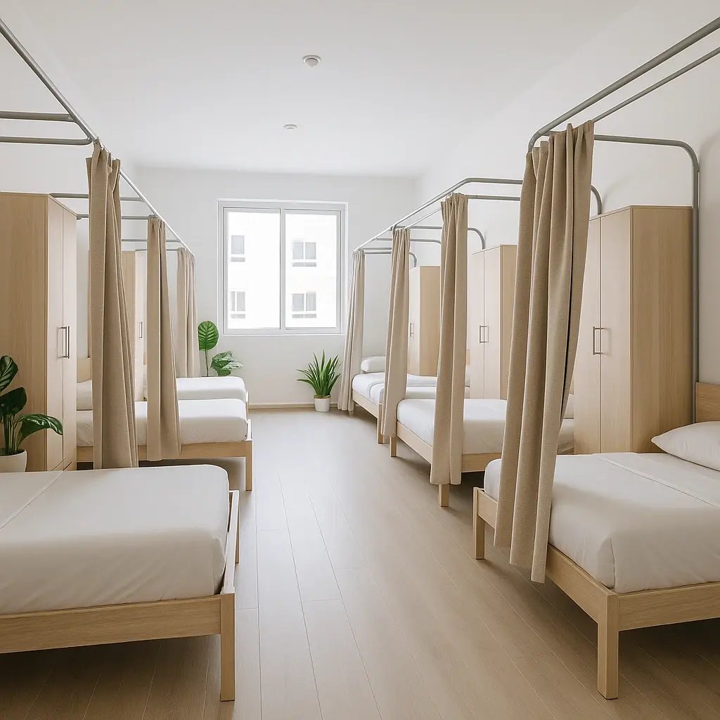 Modern sharing bedspace in Dubai Silicon oasis with seven beds in it.