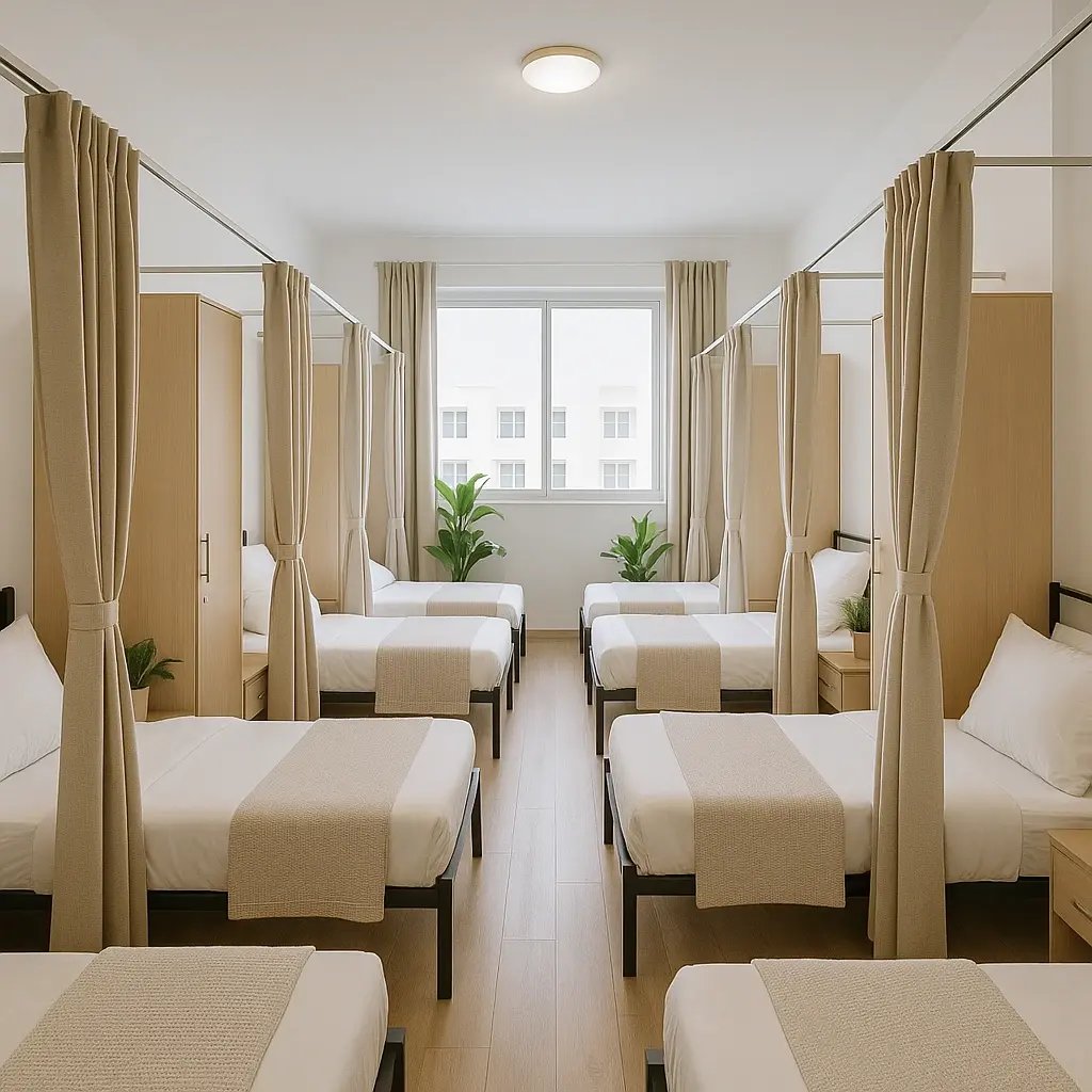 Modern Bed Space room in Dubai Silicon Oasis with white curtains separation among these.