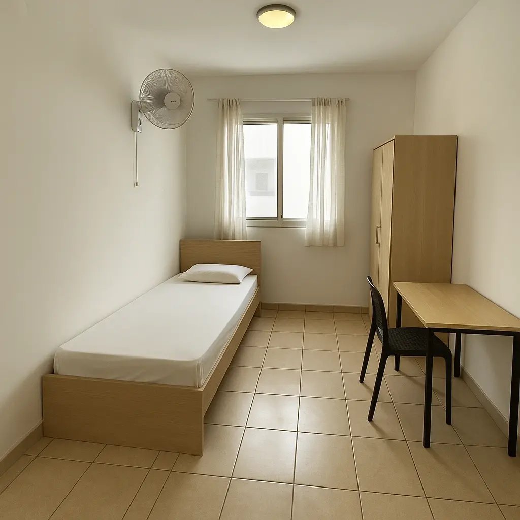 Small Budget Room in Dubai Silicon Oasis with bedside table and chair.