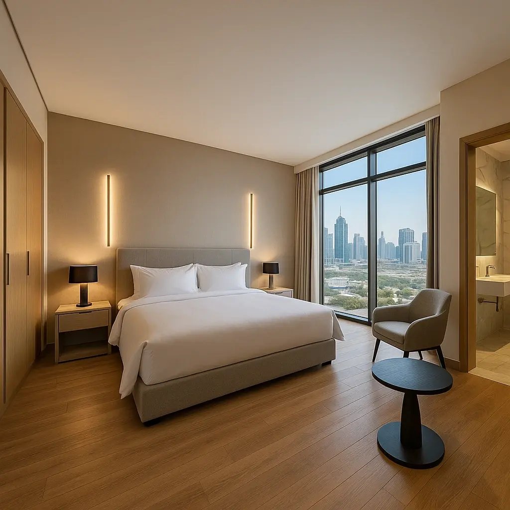 Luxurious Silicon Oasis Room with bedside lamp and attached bathroom.