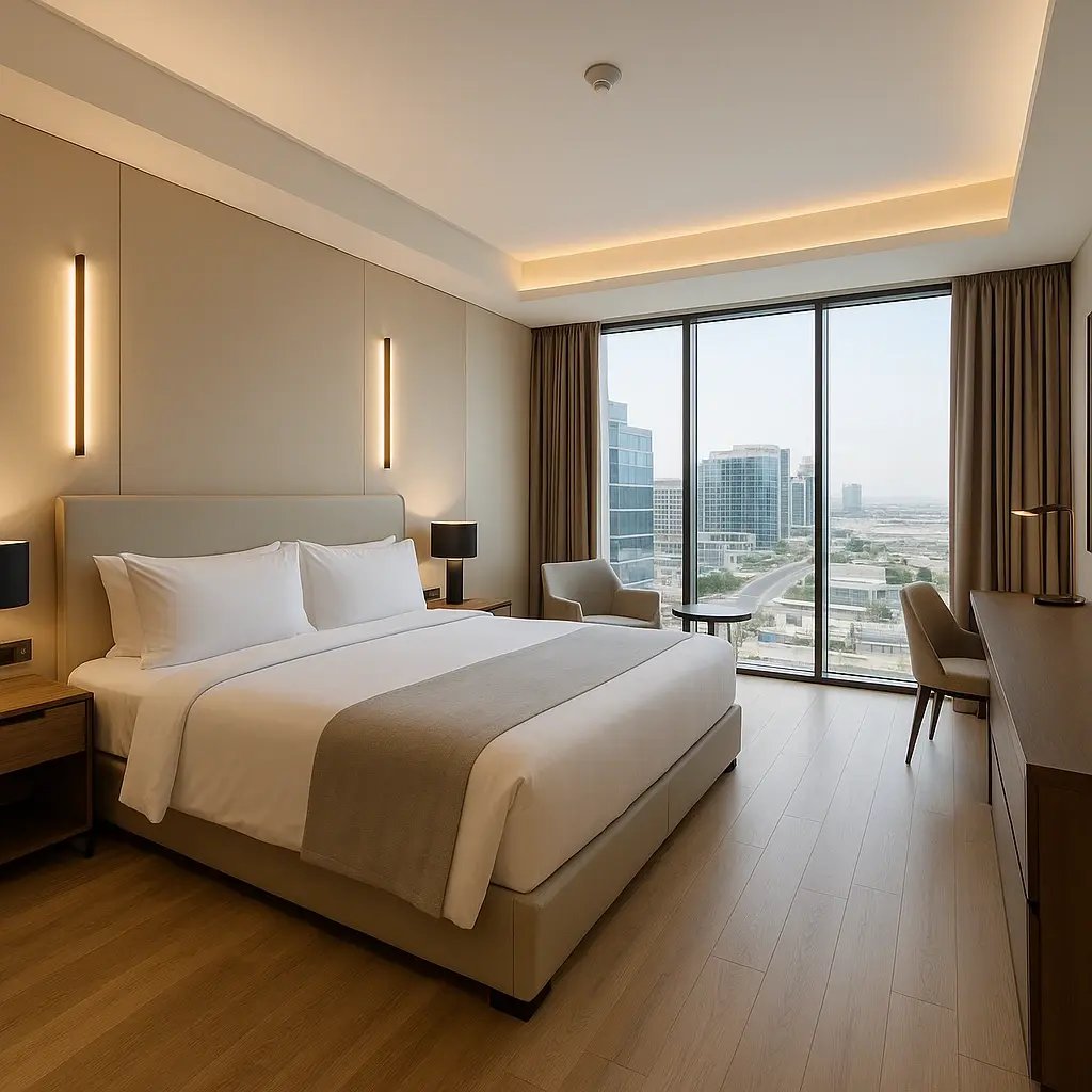Luxurious Silicon Oasis room with king sized bed and big windows.