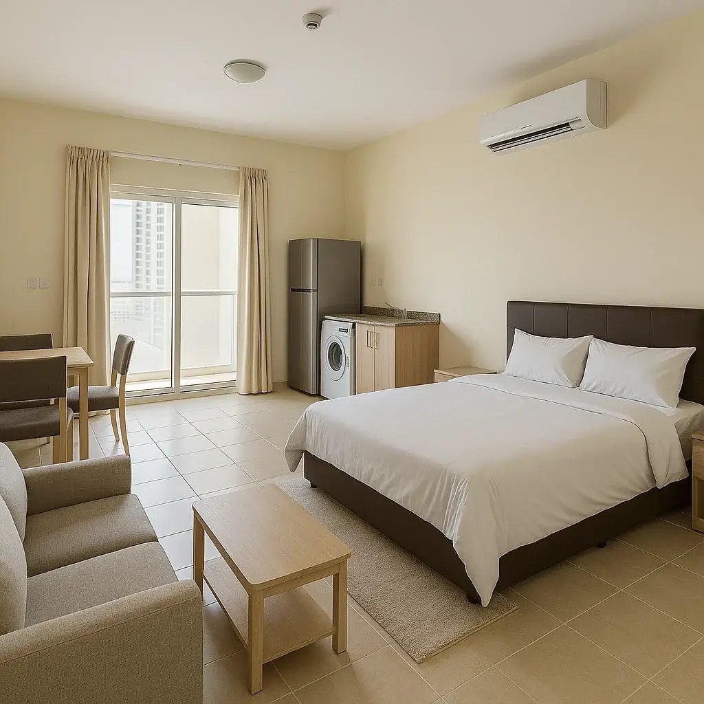 Spacious family room in Sharjah with refrigrator and washing machine inside the room.