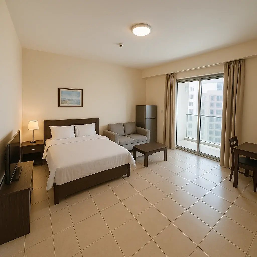 Big modern studio room in Sharjah with the lamp besde the double bed.