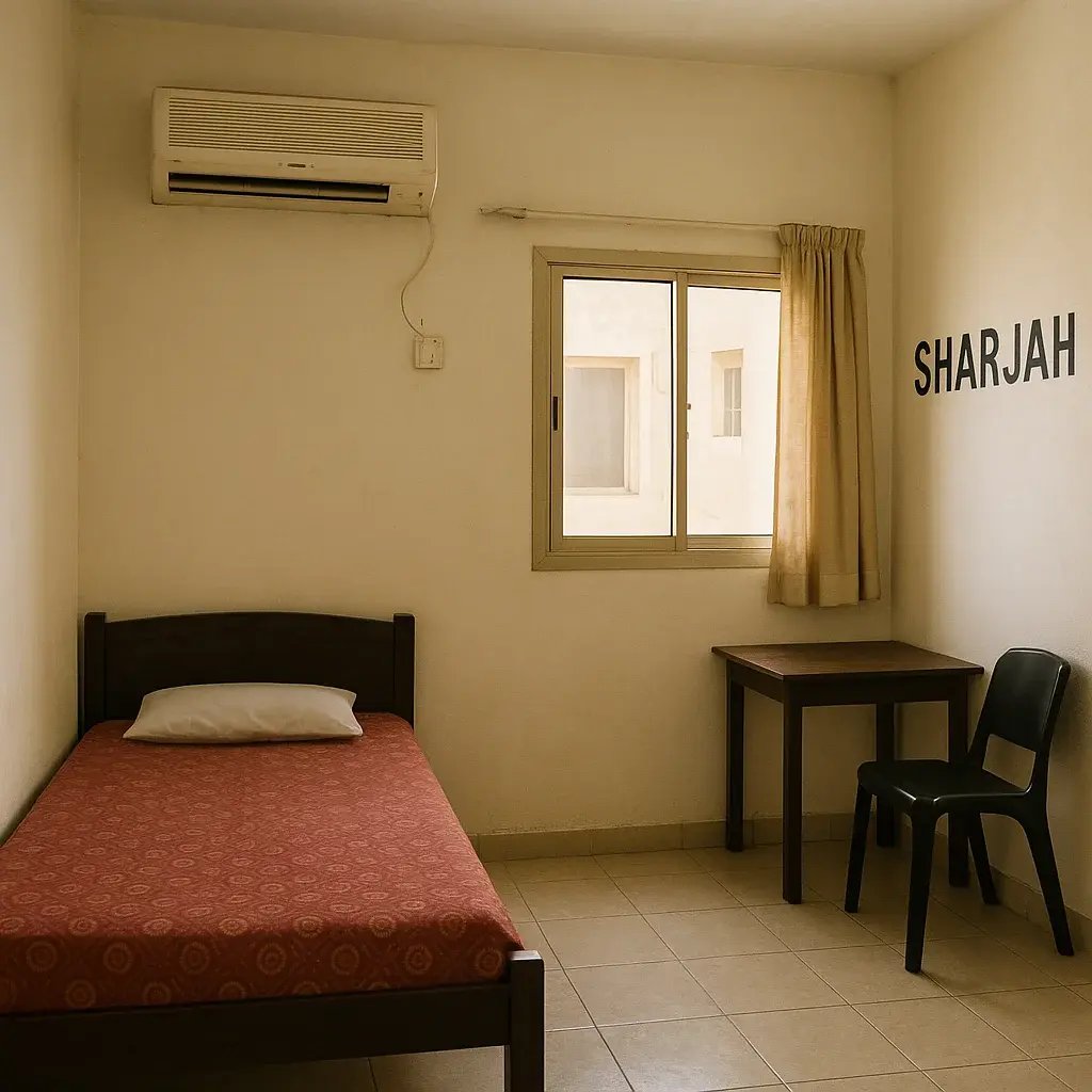 Single room with red bed sheet covered bed in Sharjah.