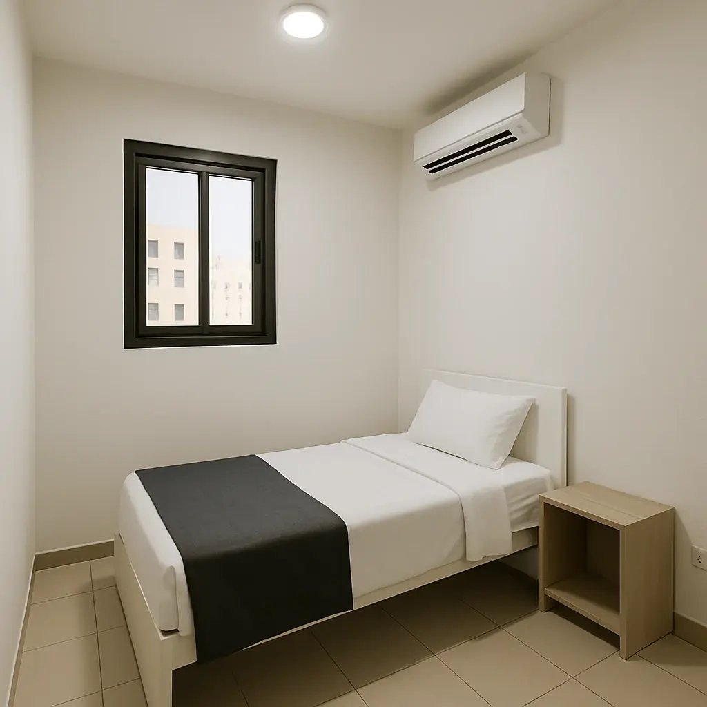 Clean and luxury single room in Sharjah with small window.